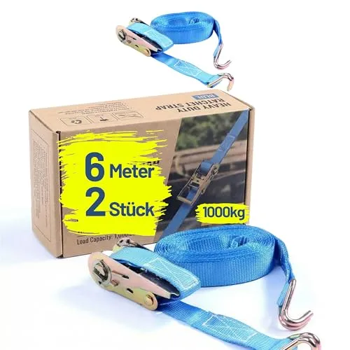 2x Spanngurt mit Ratsche und Haken 6 m bis 1000 kg, bis 1,0 t / 1000 daN, zweiteilig 2-tlg Ratschengurt blau, 25 mm Gurtbreite Zurrgurt