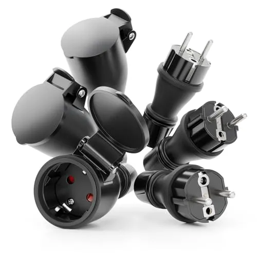 Greate 230V Schuko Stecker Kupplung Set - 3x Stecker & 3x Kupplung - Schutzkontaktstecker Set mit IP54 Schutz, ideal für Außen- und Innenbereich. Robuste, wasserdichte Ausführung mit Knickschutz und Zugentlastung für sichere Verbindungen.