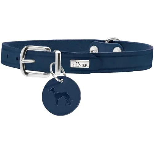 HUNTER Hundehalsband AALBORG, Farbe: dunkelblau, robustes & strapazierfähiges Leder, starke Fettung, ideal für Hundesport & Alltag, mit Lederanhänger, Made in Germany, Größe: 32