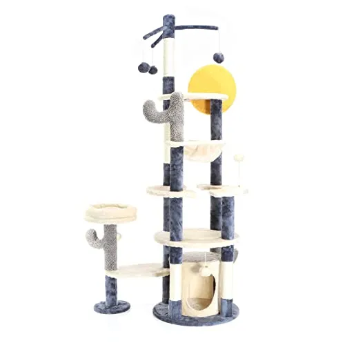 Fudajo Kratzbaum im Kaktusdesign Dunkelgrau 172 cm - Aktivitätskratzbaum mit Katzenhaus und Spielbällen, ideal für Mehrkatzenhaushalte und fördert den Spieltrieb.