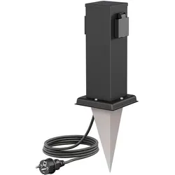 ledscom.de Garten-Steckdosen-Säule Polly mit Erdspieß und 2m Kabel für außen, IP44, 2-Fach, Edelstahl, eckig, schwarz, 27cm
