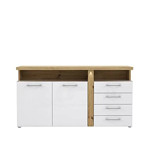 FORTE Tuluza Kommode mit 2 Türen und 4 Schubladen - Kommode in Weiß + Artisan Eiche, bietet viel Stauraum und pflegeleichte Oberfläche. Mit Quadro-Führungsschienen für höchsten Komfort und sanft schließenden Türen.