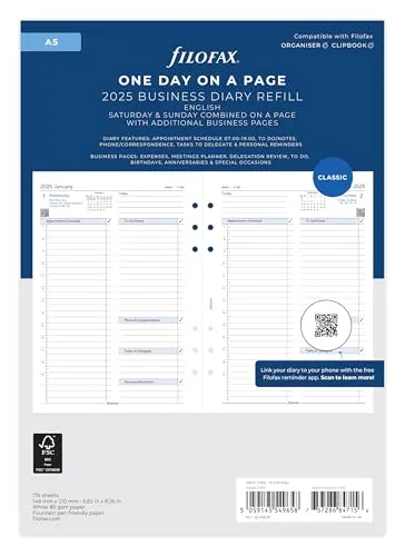 Filofax Terminplaner 2025, A5, Tag pro Seite, 5 Sprachen