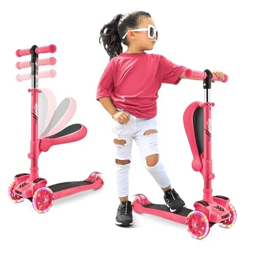 Hurtle 3-Rad-Roller für Kinder - Verstellbarer Tretroller mit Blinklichtern - Kinderscooter mit farbenfrohen LED-Radlichtern und verstellbarem Lenker, ideal für Kinder von 2-12 Jahren. Der abnehmbare Sitz bietet zusätzlichen Komfort beim Fahren.
