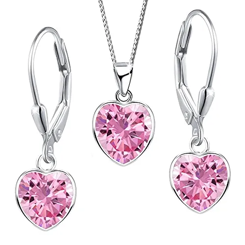 Kinder Mädchen Schmuckset echt 925 Sterling Silber Kette mit Ohrringe Herz rosa Ohrhänger (Set K978+K473o / 40+5cm)