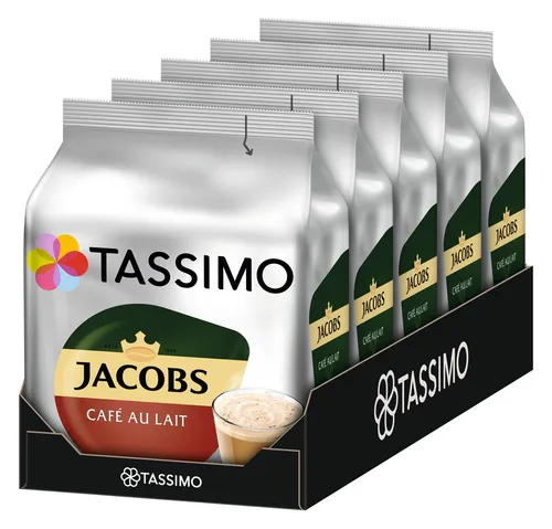 TASSIMO Kapseln Jacobs Café Au Lait - 5x16 T Discs - Kaffeekapseln für Tassimo, cremiger Café au Lait Geschmack, ideal für entspannte Kaffeepausen. Haltbar bis 03.2026, perfekt für Milchliebhaber!