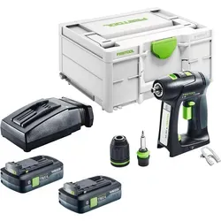 Festool C 18-Basic Bohrschrauber 18 V mit 2 Akkus und Ladegerät - Kompakter Bohrschrauber für vielseitige Anwendungen, ausgestattet mit bürstenlosem Motor und 2 leistungsstarken 4,0 Ah Akkus. Ideal für den professionellen Einsatz.