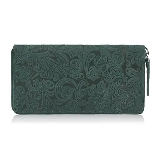 Geldbörse Damen Leder mittelgroß Leder blumig Vintage Paolo Peruzzi T-08 Grün