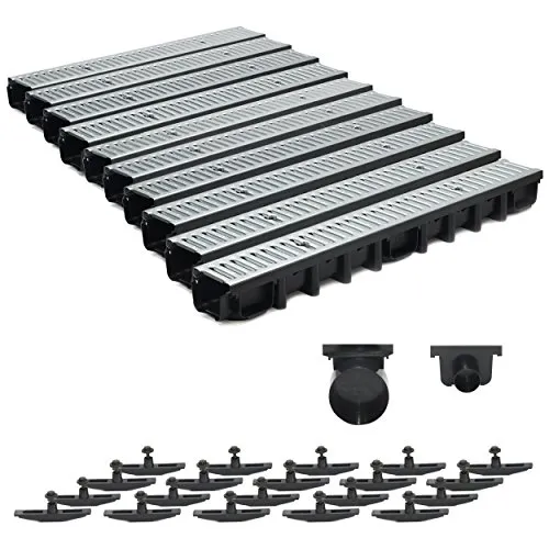 10m Entwässerungsrinne mit verzinktem Stahlrost - SET A15 98mm - Gartenentwässerung mit Belastungsklasse A15 (bis 1,5 Tonnen), frostbeständig und einfach zu montieren. Ideal für flexible Anwendungen im Außenbereich.