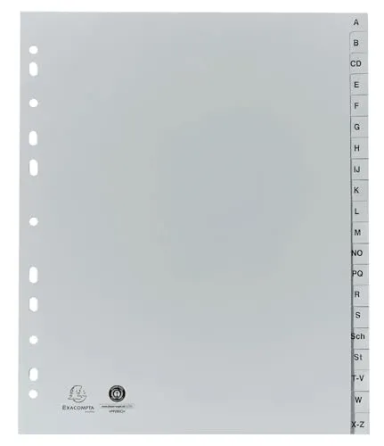 Exacompta 1920B Register A4+ grau - Praktisches Register aus Recycling-PP, 20 Positionen mit bedruckten Taben A-Z, ideal für eine übersichtliche Organisation von Dokumenten.