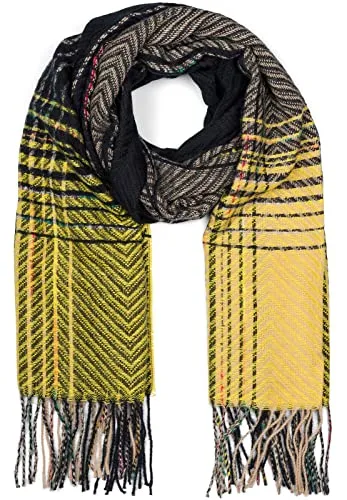 styleBREAKER Damen Feinstrick Schal mit bunt gestreiftem Zick-Zack Muster und Fransen, warme Winter Stola mehrfarbig 01017149, Farbe:Schwarz-Gelb