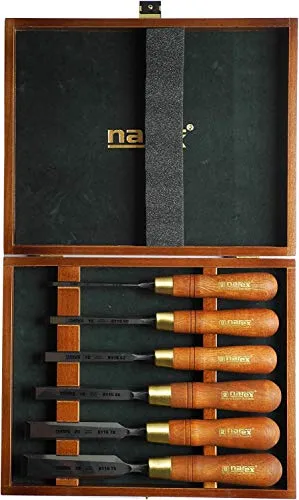 NAREX Stechbeitel Set Premium 6-teilig - Sonstige Handwerkzeuge, hochwertige polierte Stechbeitel in einer eleganten Holzkiste, ideal für präzise Holzarbeiten.