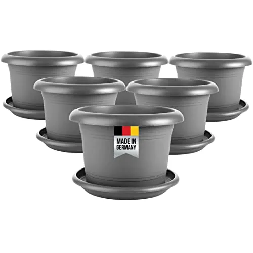 2friends Blumentopf mit Untersetzer, Blumentopf Gross 40 cm Durchmesser, 6er Set Blumentöpfe Pflanzkübel, Blumenkübel Pflanztopf groß außen, Rundtopf Pflanzentopf, Anthrazit, Model: Dia