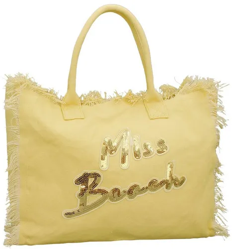 Miss Beach XXL Badetasche - Gelbe Strandtasche mit Reißverschluss - Damen-Shopper aus strapazierfähigem Canvas, ideal für Strand und Picknick, mit modischem Pailletten-Aufdruck und praktischen Fächern für Wertsachen.