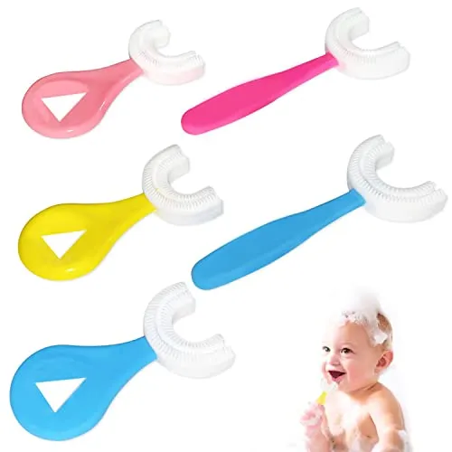 ZWZNBL 5 Stück U-förmige Zahnbürsten für Kinder, den ganzen Mund, Silikonborsten, Massage-Zahnfleisch, schöne Kinder-Trainingszahnbürsten Kinder von 2 bis 12 Jahren, Blau, Rosa, Gelb