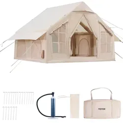 VEVOR Aufblasbares Campingzelt 3x3x2,3 m - 4-6 Personen Glamping-Zelt aus 300D Oxford, ideal für alle Jahreszeiten mit Handpumpe, Ofenanschluss und praktischer Aufbewahrungstasche für einfachen Transport.