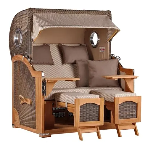 MR. DEKO® Strandkorb Düne Grande XL 2,5-Sitzer - Teak & Grau - Genießen Sie entspannte Stunden im MR. DEKO Strandkorb Düne Grande XL. Mit verstellbarem Oberkorb, 2 Fußablagen und dicken Kissen ist er die ideale Wahl für Garten, Balkon oder Terrasse.