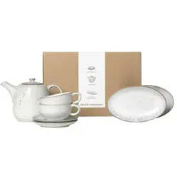 Broste Copenhagen Nordic Sand Tee-Set für Zwei, 5tlg. - Schalen & Schüsseln: Hochwertiges Tee-Set aus Steingut mit reaktiver Glasur, perfekt für gemütliche Teepausen zu zweit.