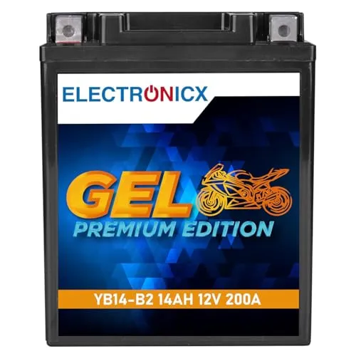 Electronicx GEL Premium YB14-B2 – 12V 14Ah 200A CCA Hochleistungs-Motorradbatterie: wartungsfrei, versiegelt, auslaufsicher, vibrationsfest und wetterbeständig – ideal für Roller, Quad und Motorrad