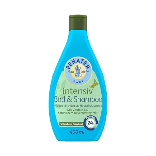 Penaten Intensiv Bad & Shampoo mildes Baby Bad & Baby Shampoo mit Vitamin E & natürlichem Olivenblattextrakt für trockene Babyhaut, 400ml