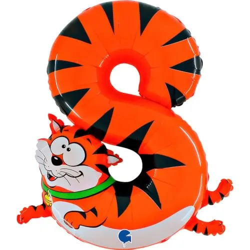 Folienballon Zahl 8 Katze GRABO F48-OWE-P - 102cm, farbenfroher Partyballon für Kindergeburtstage und besondere Anlässe