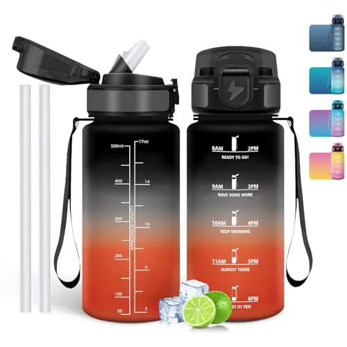 Mulbijeo Trinkflasche 500 ml, Auslaufsicher, Wasserflasche BPA-Frei, Motivierende mit Zeitmarkierung, Trinkflasche mit Strohhalm Schwarz & Passion rot