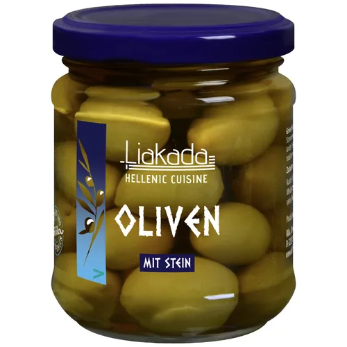 Liakada Grüne Oliven Sorte Chalkidiki mit Stein 110g Glas