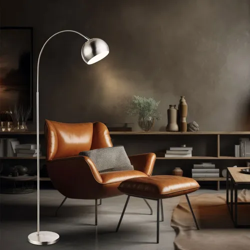 Elegante LED Stehleuchte Kugel Bogenleuchte in Chrom - Stehleuchte in nickel-matt mit beweglichem Schirm, ideal für Wohnzimmer oder Büro. 150 cm hoch, bietet warmweißes Licht und flexible Positionierung. Fassung E27, Leuchtmittel nicht enthalten.
