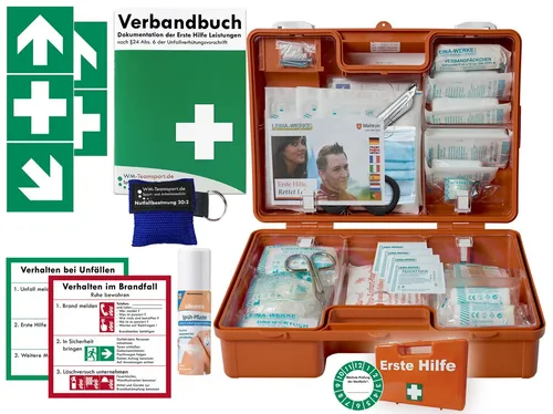 WM-Teamsport Erste-Hilfe-Koffer (M) DIN 13157 mit Sprühpflaster - Erste-Hilfe-Koffer nach DIN 13157, ideal für Betrieb, Kindergarten und Haushalt. Mit Notfallbeatmungshilfe und Sprühpflaster für schnelle Hilfe im Ernstfall. Robuster Koffer, mobil und stationär einsetzbar, inkl. Wandhalterung.