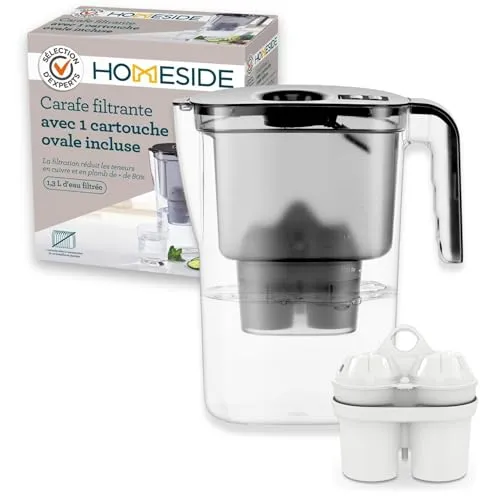 Wasserfilter Kanne Homeside Schwarz inkl. 1x Kalkfilterkartusche | Wasserfilter Trinkwasser 2,6L | Filter für weiches gefiltertes Wasser | Trinkwasserfilter | filtert Kalk, Chlor, Blei und Kupfer