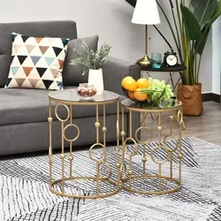 Couchtisch-set 2-teilig Aus Metall Und Glas, Gold, Nesting-design, Ø41x57 Cm Und Ø36x51 Cm