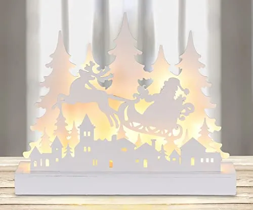 Spetebo LED Holz Silhouette Weihnachtsmann im Schlitten - 30 cm / 12 LED - Deko Aufsteller mit Weihnachts Landschaft - Advent Winter Tischdeko warm weiß beleuchtet Batterie bettrieben