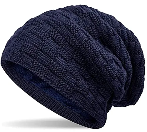 Hatstar Warme gefütterte Feinstrick Damen Beanie Herren Mütze | mit Flecht Muster und sehr weichem Fleece Innenfutter | Unisex Wintermütze weich & warm (9 | dunkelblau)