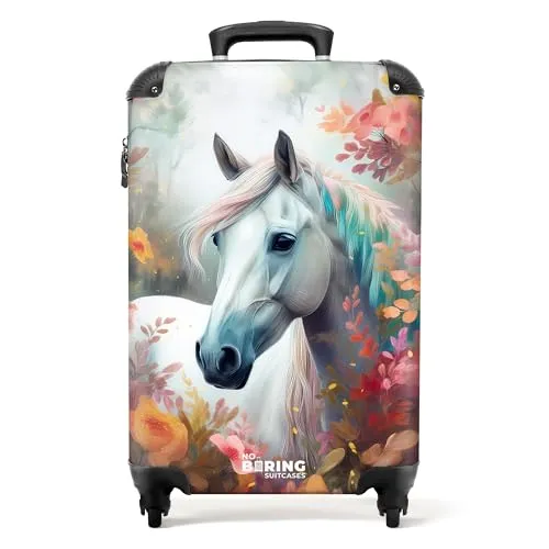 NoBoringSuitcases.com® Kinder Trolley Koffer Pferd - Handgepäck für Mädchen - Kindergepäck: Leichter Hartschalenkoffer mit Pferdedesign, ideal für Reisen. Robustes ABS-Material und integriertes Zahlenschloss sorgen für Sicherheit.