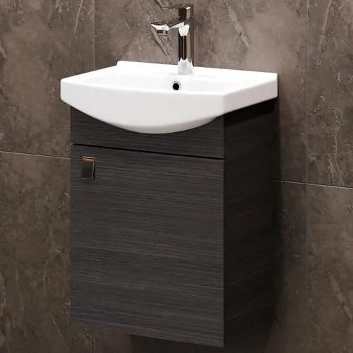 Waschtischunterschrank 45cm Anthrazit - Kompakter Waschbeckenunterschrank mit Keramikbecken – ideal für kleine Bäder. Feuchtigkeitsresistent, mit Soft-Close-Türen und modernem Design bietet er überraschend viel Stauraum.