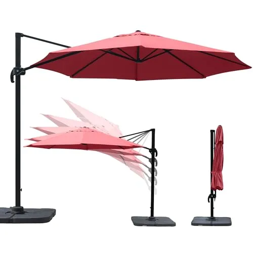 paramondo parapenda Sonnenschirm Ampelschirm aus 230 g/㎡ Polyesterfaser, Rund, Ø 3,5 m, 360° Schwenkbar, Kurbelbedienung, Weinrot, Stahl-Standkreuz und Gestell in Anthrazit, 20.6kg