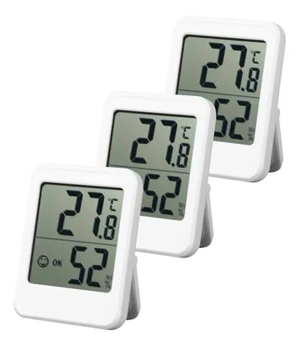 Thermometer Hygrometer,3 Stück Digital Hygrometer Innen Mini Thermo-Hygrometer Präzise Temperaturmessgerät Vertikale oder Wandmontage mit Smiley-Indikator für Wohnzimmer Büro Garage Gewächshaus