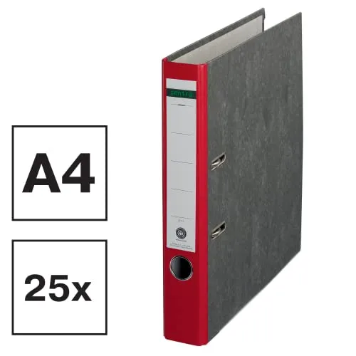 Centra Standard-Ordner, Wolkenmarmor, 25er Pack, Recycling, Blauer Engel, LGA Zertifikat, A4, 5,2 cm breit, bis zu 350 Blatt (80 g/m²), Kantenschutz, Griffloch, rot, 221123
