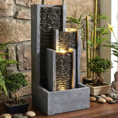 Springbrunnen Wasserwand mit LED-Beleuchtung 48,5 cm – Moderner Gartenbrunnen