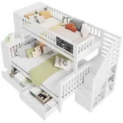 Okwish Etagenbett aus hochwertigem Kiefernholz, 140x200 cm, Weiß - Schlichtes, modernes Etagenbett für Kinderzimmer. Hoher Komfort, praktische Treppenschränke und eine integrierte Tafel fördern Kreativität und sorgen für sicheren Schlafplatz.