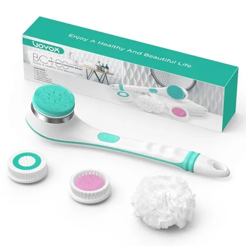 VOYOR Rückenbürste Duschbürste Körperbürste elektrische Rückenbürste langer Griff wasserdicht Aufladbar mit 4 Reinigungsköpfen für Spa Dusche Peeling Massagebürste(Blau)