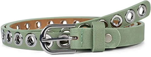 styleBREAKER Damen schmaler Gürtel mit Lochnieten und einfarbiger matter Oberfläche, Vintage Style, kürzbar 03010109, Größe:95cm, Farbe:Jadegrün