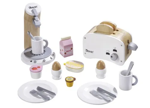 Frühstücksset mit Toaster und Kaffeemaschine Holz 4856 - Haushaltsgeräte – Hochwertiges 24-teiliges Holzset für kreatives Spielen, inklusive Toaster mit Hebel und Kaffeemaschine für ein realistisches Frühstückserlebnis.