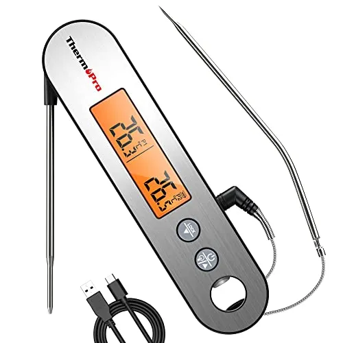 ThermoPro TP610 Fleischthermometer 0.5℃ Genau USB Wiederaufladbar IPX5 Wasserdicht Küchenthermometer Flaschenöffner Grillthermometer mit Großer Anzeige Bratenthermometer für BBQ Grillen