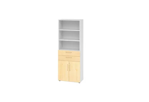 Hammerbacher Kombischrank Serie 9 Advanced, abschließbar, 2 Schubladen, 4 Drehtüren - Praktischer Aktenschrank mit 3 Regalfächern und abschließbaren Türen. Ideal für die sichere Aufbewahrung von Unterlagen. Aus robustem E1-Qualitäts-Spanplatte, mit verstellbaren Füßen für optimale Stabilität.