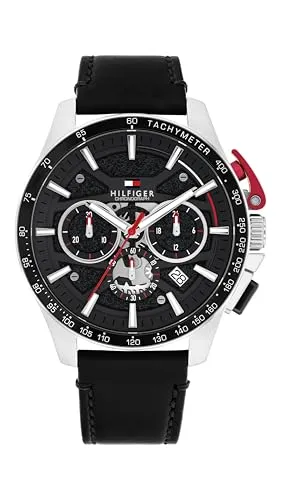 Tommy Hilfiger Chronograph Quarz Uhr 1792258 mit schwarzem Lederarmband - Sportliche Herrenuhr mit präzisem Chronographenwerk und markantem Edelstahlgehäuse. Das schwarze Zifferblatt und das Lederarmband verleihen einen modernen Look – perfekt für jeden Anlass und stilvoll im Alltag.