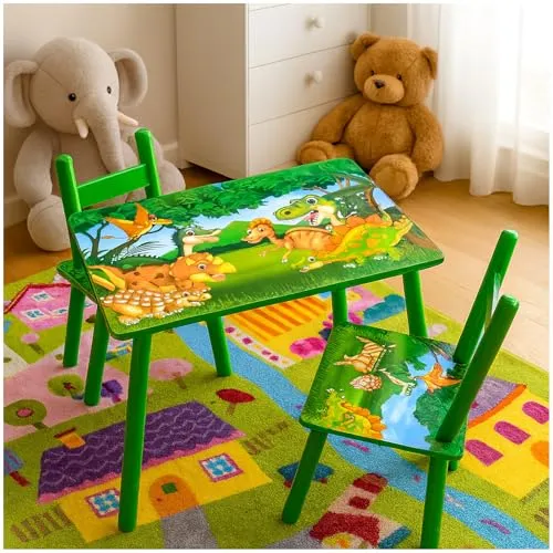 HTI living Kindertischgruppe Dino mit 2 Stühlen - Bunte Kindertischgruppe mit Dino-Motiv, ideal für 2 Kinder. Stabil und robust, perfekt für kreative Spielstunden. Tisch belastbar bis 50 kg, Stühle bis 60 kg.