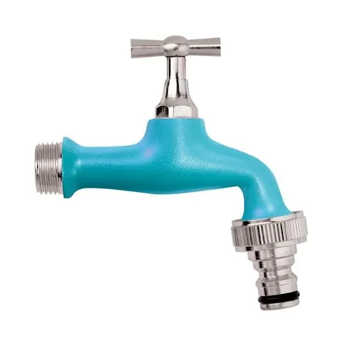 Schläfer 435220 - Auslaufventil 1/2 Zoll Messing, kugelauslaufhahn - 20,95 mm 1/2 Zoll - Ideal als Außenzapfstelle - Gartenarmatur Verstellbar, Blau mit Automatikanschluss für Schlauch