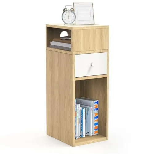 VOUNOT® Nachttisch, Schmal, Beistelltisch mit 2 offenem Fach & 1 Schublade, Modern Nachtschrank, Nachtkästchen für Schlafzimmer, Wohnzimmer, 25x30x66cm Natur
