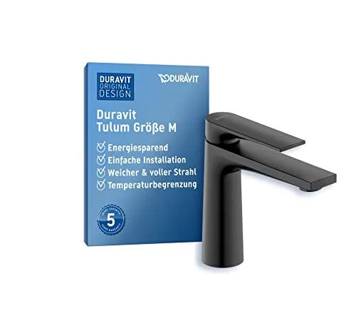 Duravit Tulum Einhebel-Waschtischmischer M FreshStart TU1021002046 - Waschtischarmaturen in elegantem schwarz matt, mit FreshStart-Technologie zur Reduzierung des Warmwasserverbrauchs und einstellbarer Temperaturbegrenzung.